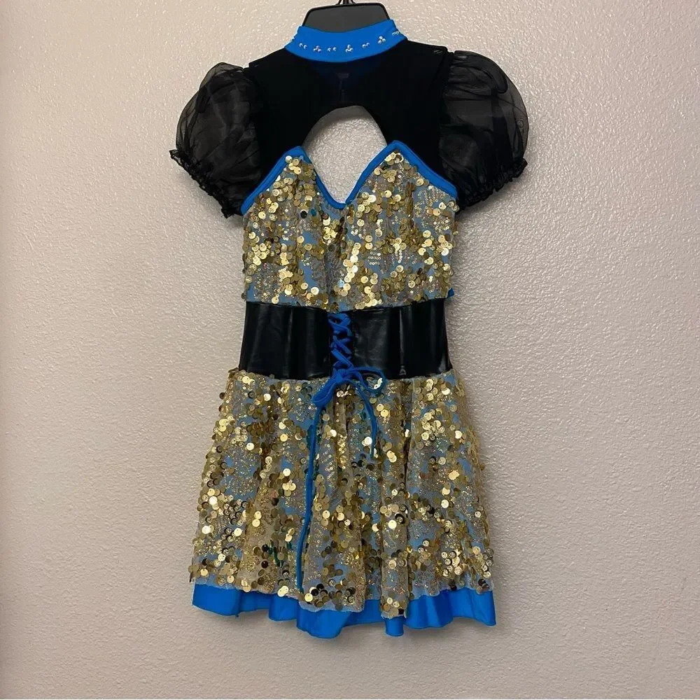 Glamour solo dance costume blue faux leather lace up dress XLC child SA NWT